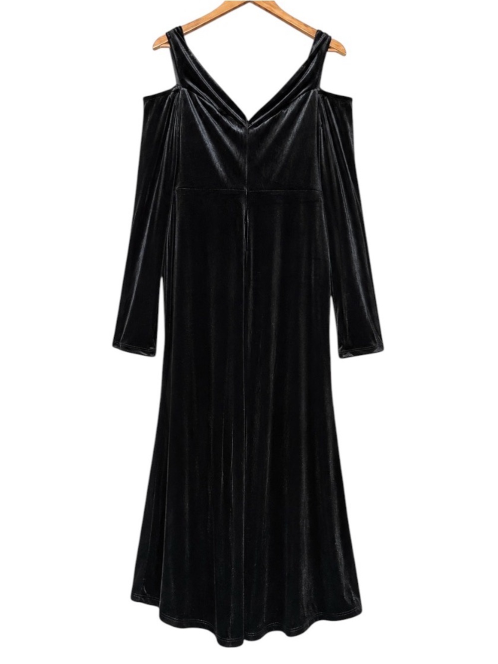 Griffniseti Black Velvet Cold Shoulder Maxi Dress NWT Size Large Stretch Gown - Picture 4 of 7